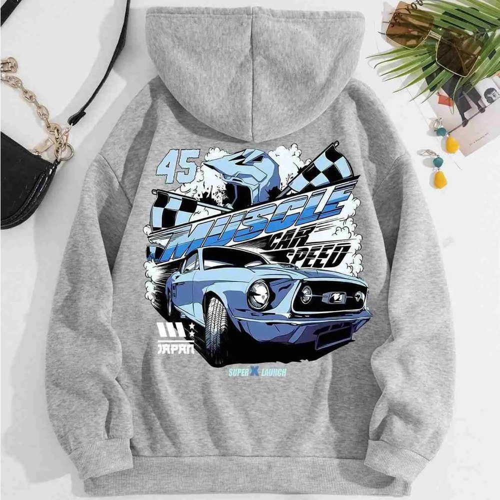 Gray Muscle Car Graphic Hoodie